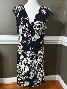 Lauren Ralph Lauren Black and Cream Floral faux wrap jersey Midi Dress